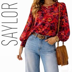 Saylor Beck Painterly Poppy Floral Ruffle Mock Neck Blouse Size Medium